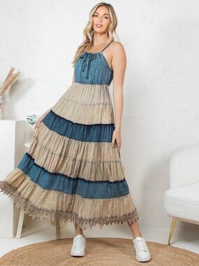 Young Threads Boho Chic Denim Halter Neck Tiered Dress NWT